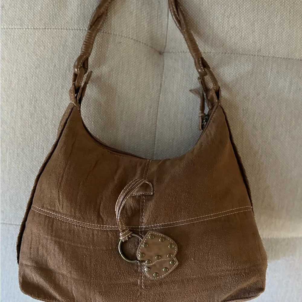 Y2K Boho Faux Suede Hobo Bag Brown w/ Dangling‎ Heart Charms